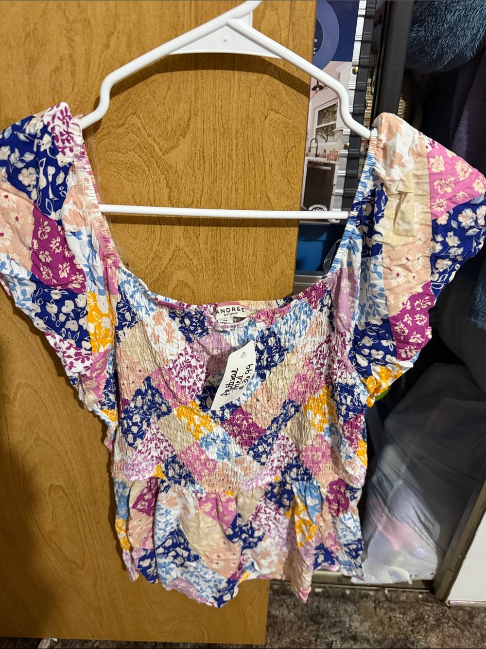 ANDREE BY UNIT Multicolor Floral Patchwork Smocked Peplum Top